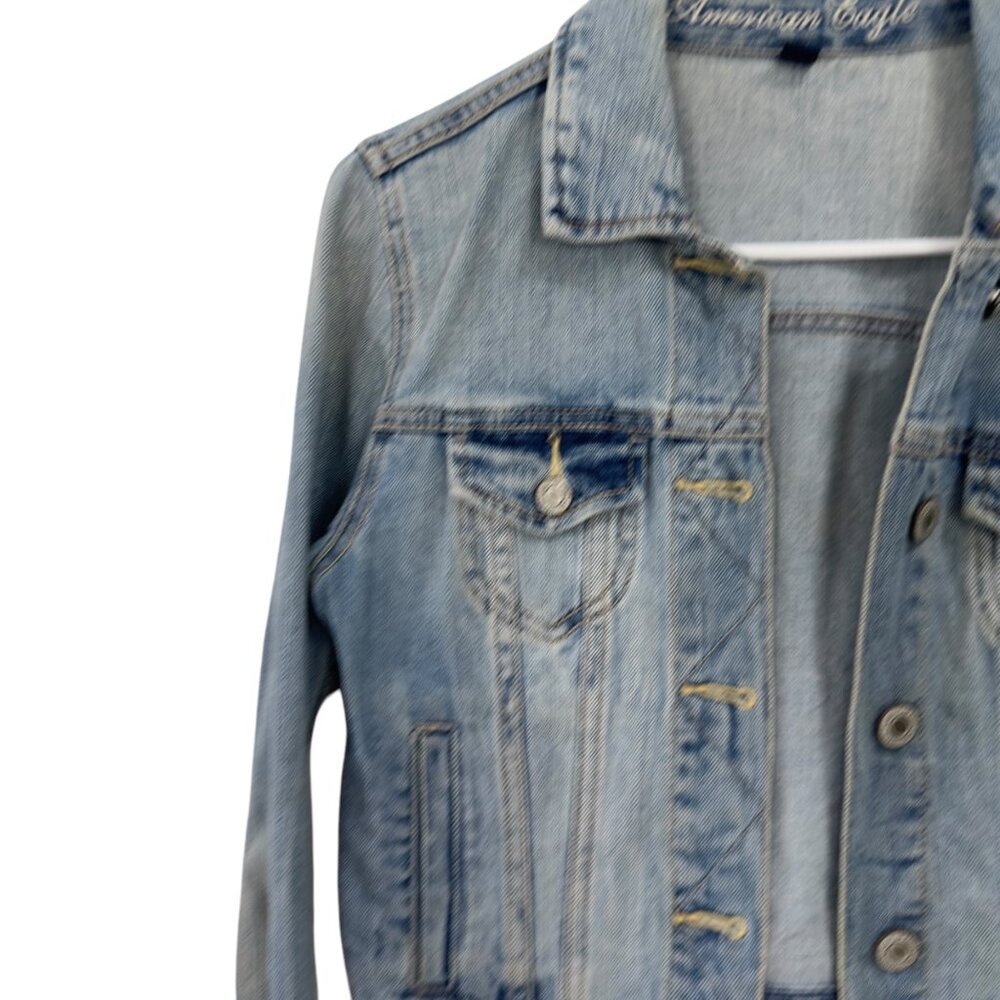 American Eagle Womens S/P Retro Cropped Denim Jacket Aztec Red Back Panel Casual - Picture 10 of 15